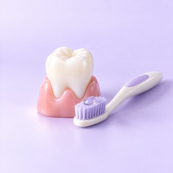 3D model of a tooth, gum and toothbrush