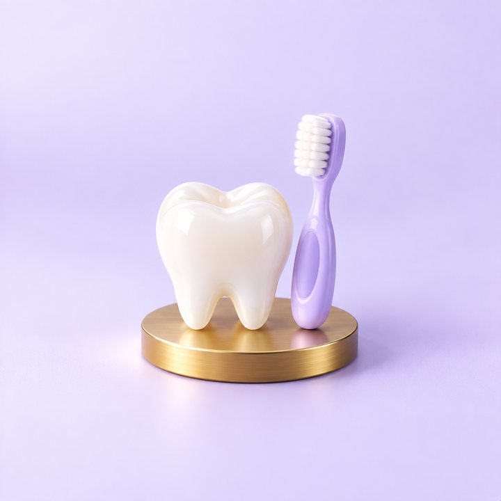 3D model of a small tooth with a child's toothbrush